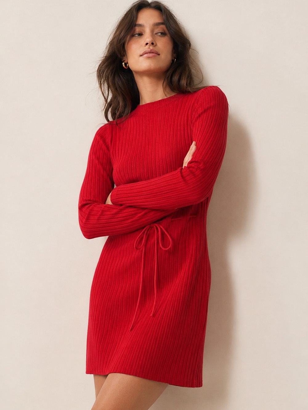 Reformation Red Ribbed Knit Long Sleeve Tie Waist Mini Dress